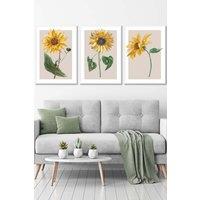 ARTZE Set of 3 White Framed Vintage Sunflowers on Beige Wall Art in Bright Yellow | Size: W33 cm x H45 cm x D20mm