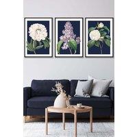 ARTZE Set of 3 Black Framed Vintage Flowers Lilac, Peony & Camellia on Navy Blue Wall Art | Size: W53 cm x H73 cm x D20mm