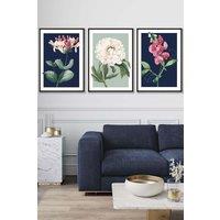 ARTZE Set of 3 Black Framed Vintage Flowers Honeysuckle Blue & Green Wall Art in Navy | Size: W33 cm x H45 cm x D20mm