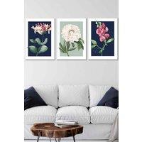 ARTZE Set of 3 White Framed Vintage Flowers Honeysuckle Blue & Green Wall Art in Navy | Size: W33 cm x H45 cm x D20mm