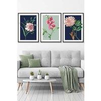 ARTZE Set of 3 Black Framed Vintage Flowers Navy Blue & Sage Green Wall Art | Size: W45 cm x H62 cm x D20mm