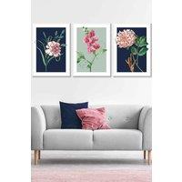 ARTZE Set of 3 White Framed Vintage Flowers Navy Blue & Sage Green Wall Art | Size: W53 cm x H73 cm x D20mm