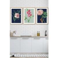 ARTZE Set of 3 Oak Framed Vintage Flowers Navy Blue & Sage Green Wall Art | Size: W53 cm x H73 cm x D20mm