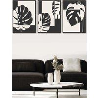 ARTZE Set of 3 Black Framed Mid Century Monstera in Black & Ivory Wall Art in Charcoal | Size: W45 cm x H62 cm x D20mm