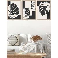 ARTZE Set of 3 Oak Framed Mid Century Monstera in Black & Ivory Wall Art in Charcoal | Size: W33 cm x H45 cm x D20mm