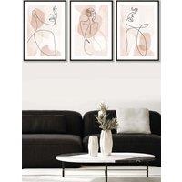 ARTZE Set of 3 Black Framed Coral Pink Abstract Line Art Female Wall Art | Size: W45 cm x H62 cm x D20mm