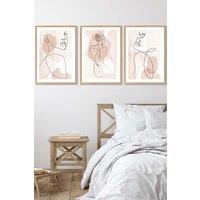 ARTZE Set of 3 Oak Framed Coral Pink Abstract Line Art Female Wall Art | Size: W33 cm x H45 cm x D20mm