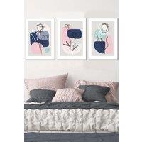 ARTZE Set of 3 White Framed Line Art Spring Flowers on Navy Pink Boho Shapes Wall Art | Size: W33 cm x H45 cm x D20mm