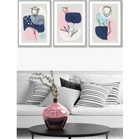 ARTZE Set of 3 Light Grey Framed Line Art Spring Flowers on Navy Pink Boho Shapes Wall Art | Size: W33 cm x H45 cm x D20mm