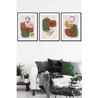 ARTZE Set of 3 Black Framed Line Art Autumn Flowers on Green Yellow Boho Shapes Wall Art | Size: W45 cm x H62 cm x D20mm