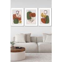 ARTZE Set of 3 White Framed Line Art Autumn Flowers on Green Yellow Boho Shapes Wall Art | Size: W33 cm x H45 cm x D20mm