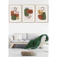 ARTZE Set of 3 Oak Framed Line Art Autumn Flowers on Green Yellow Boho Shapes Wall Art | Size: W33 cm x H45 cm x D20mm
