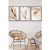 ARTZE Set of 3 Black Framed Graphical Line Art Autumn Leaves Wall Art in Pale Orange | Size: W33 cm x H45 cm x D20mm