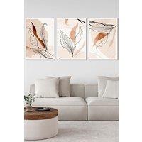 ARTZE Set of 3 White Framed Graphical Line Art Autumn Leaves Wall Art in Pale Orange | Size: W45 cm x H62 cm x D20mm