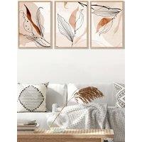 ARTZE Set of 3 Oak Framed Graphical Line Art Autumn Leaves Wall Art in Pale Orange | Size: W33 cm x H45 cm x D20mm