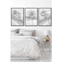 ARTZE Set of 3 Black Framed Female Line Art Floral Faces on Grey Wall Art in Light Grey | Size: W45 cm x H62 cm x D20mm
