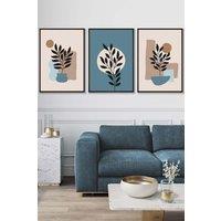 ARTZE Set of 3 Black Framed Graphical Boho Floral Teal & Beige Botanical Wall Art | Size: W33 cm x H45 cm x D20mm