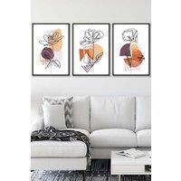 ARTZE Set of 3 Black Framed Line Art Flowers on Purple Orange Boho Shapes Wall Art | Size: W45 cm x H62 cm x D20mm