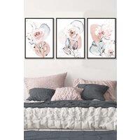 ARTZE Set of 3 Black Framed Abstract Blush Pink Botanical Wall Art in Light Pink | Size: W33 cm x H45 cm x D20mm