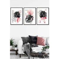 ARTZE Set of 3 Black Framed Abstract Pink & Black Botanical Wall Art in Bright Pink | Size: W53 cm x H73 cm x D20mm