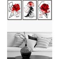 ARTZE Set of 3 Black Framed Abstract Red & Black Botanical Wall Art | Size: W33 cm x H45 cm x D20mm