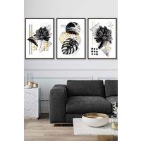 ARTZE Set of 3 Black Framed Abstract Black & Gold Botanical Wall Art | Size: W33 cm x H45 cm x D20mm