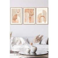 ARTZE Set of 3 Oak Framed Mid Century Terracotta & Beige Arches Wall Art | Size: W45 cm x H62 cm x D20mm