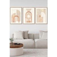 ARTZE Set of 3 Oak Framed Mid Century Beige & Terracotta Arches Wall Art | Size: W33 cm x H45 cm x D20mm