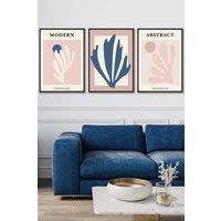 ARTZE Set of 3 Black Framed Matisse Style Floral Cut Out Navy & Pink Wall Art in Dusty Pink | Size: W45 cm x H62 cm x D20mm