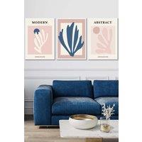 ARTZE Set of 3 White Framed Matisse Style Floral Cut Out Navy & Pink Wall Art in Dusty Pink | Size: W33 cm x H45 cm x D20mm