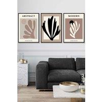 ARTZE Set of 3 Black Framed Matisse Style Floral Cut Out Browns & Black Wall Art in Chocolate | Size: W45 cm x H62 cm x D20mm