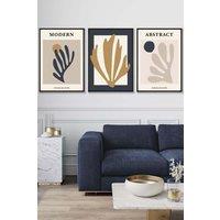 ARTZE Set of 3 Black Framed Matisse Style Floral Cut Out Navy & Yellow Wall Art | Size: W45 cm x H62 cm x D20mm