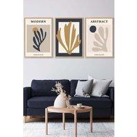ARTZE Set of 3 Oak Framed Matisse Style Floral Cut Out Navy & Yellow Wall Art | Size: W33 cm x H45 cm x D20mm