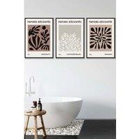 ARTZE Set of 3 Black Framed Matisse Style Floral Cut Out Brown & Black Wall Art in Chocolate | Size: W45 cm x H62 cm x D20mm