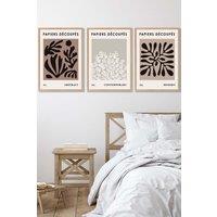 ARTZE Set of 3 Oak Framed Matisse Style Floral Cut Out Brown & Black Wall Art in Chocolate | Size: W33 cm x H45 cm x D20mm