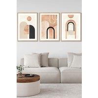 ARTZE Set of 3 Oak Framed Mid Century Terracotta & Black Arches Wall Art | Size: W33 cm x H45 cm x D20mm