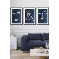 ARTZE Set of 3 Black Framed Navy & White Abstract Line Art Faces Wall Art | Size: W45 cm x H62 cm x D20mm