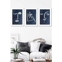 ARTZE Set of 3 White Framed Navy & White Abstract Line Art Faces Wall Art | Size: W33 cm x H45 cm x D20mm