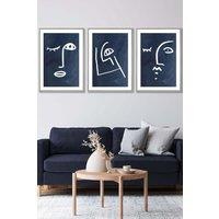 ARTZE Set of 3 Light Grey Framed Navy & White Abstract Line Art Faces Wall Art | Size: W33 cm x H45 cm x D20mm