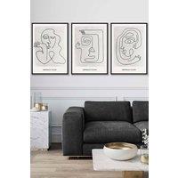 ARTZE Set of 3 Black Framed Grey Abstract Line Art Faces Wall Art in Light Grey | Size: W45 cm x H62 cm x D20mm
