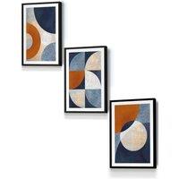 ARTZE Geometric Abstract Textured Circles in Navy Blue Orange Gold Framed Wall Art - Small in Black | Size: W33 cm x H45 cm x D20mm