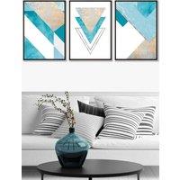 ARTZE Set of 3 Black Framed Aqua Blue Abstract Mid Century Geometric Wall Art | Size: W45 cm x H62 cm x D20mm