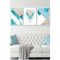 ARTZE Set of 3 White Framed Aqua Blue Abstract Mid Century Geometric Wall Art | Size: W33 cm x H45 cm x D20mm