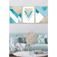 ARTZE Set of 3 Gold Framed Aqua Blue Abstract Mid Century Geometric Wall Art | Size: W53 cm x H73 cm x D20mm
