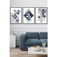 ARTZE Set of 3 Black Framed Graphical Abstract Floral Navy Blue Grey Wall Art | Size: W33 cm x H45 cm x D20mm