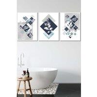 ARTZE Set of 3 White Framed Graphical Abstract Floral Navy Blue Grey Wall Art | Size: W33 cm x H45 cm x D20mm