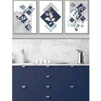 ARTZE Set of 3 Light Grey Framed Graphical Abstract Floral Navy Blue Grey Wall Art | Size: W33 cm x H45 cm x D20mm