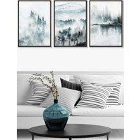 ARTZE Set of 3 Black Framed Teal Blue Abstract Forest Lake Wall Art | Size: W53 cm x H73 cm x D20mm