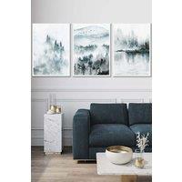 ARTZE Set of 3 White Framed Teal Blue Abstract Forest Lake Wall Art | Size: W45 cm x H62 cm x D20mm