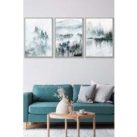 ARTZE Set of 3 Light Grey Framed Teal Blue Abstract Forest Lake Wall Art | Size: W45 cm x H62 cm x D20mm